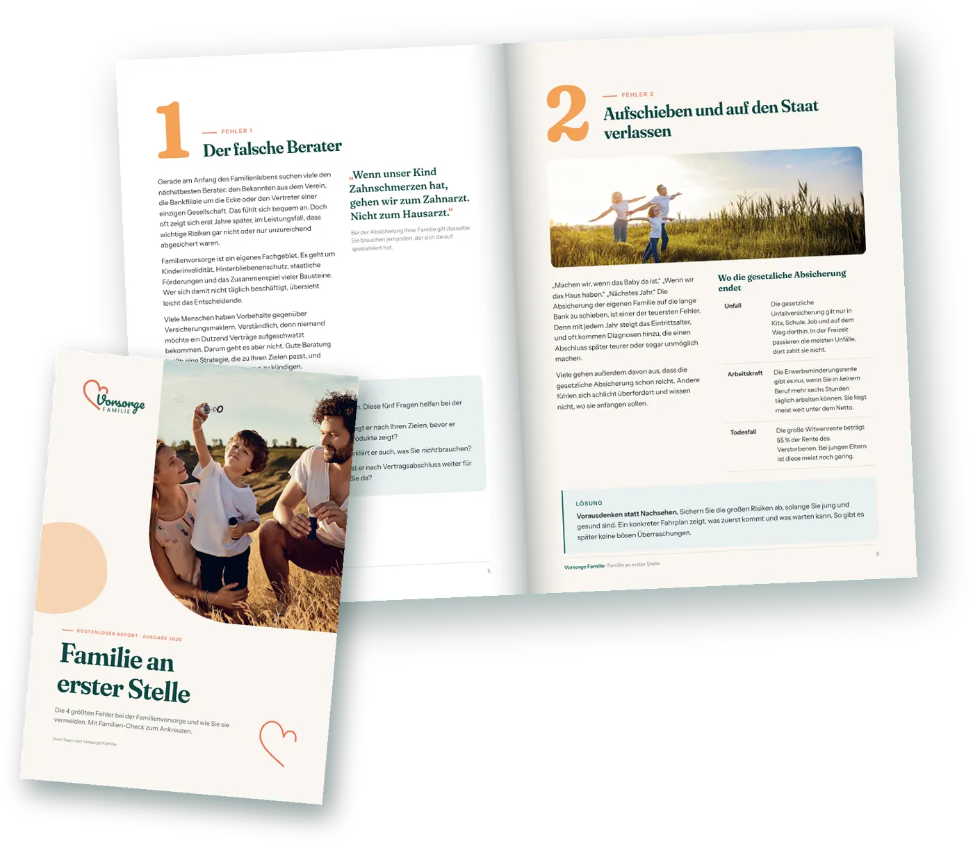 Der Report „Familie an erster Stelle“: Titelseite und aufgeschlagene Doppelseite