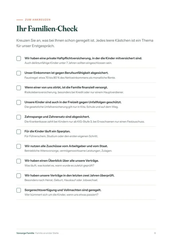 Report-Seite 9: Der Familien-Check mit 10 Fragen zum Ankreuzen